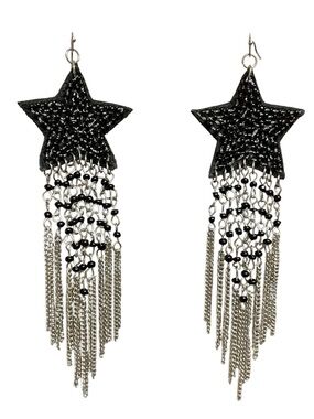 Goth Americana Long Star Fringe Earrings Black Beaded Western Rocker Statement